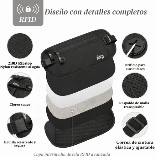 Vista 6 de MoKo Cinturón de dinero de viaje con bloqueo RFID, cartera oculta para Negro