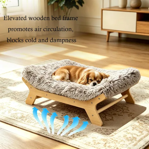 Vista 3 de Cama elevada para perros de 24 x 18 x 7 pulgadas, marco de cama elevado de madera para perros pequeños y colchón para mascotas pequeñas de hasta 40