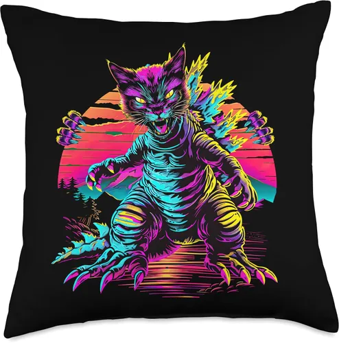 Vista 4 de Streetwear Synthwave 80s 90s Catzilla graphic Cat Japanese Throw Pillow