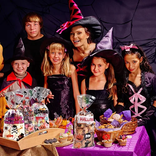 Vista 7 de JMANNI Bolsas de Celofán para Dulces de Halloween, 120 piezas Bolsas de Plástico Transparente para Halloween, Bolsas de Dulces con Murciélagos