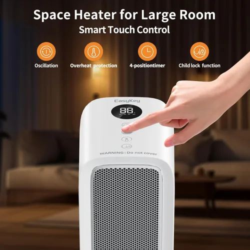 Vista 7 de EasyKey - Calentador de espacio QuietTimer de 24 pulgadas para habitaciones grandes, con punta / seguro contra sobrecalentamiento, color blanco