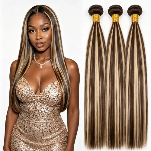 Vista 309 de P4613 Cabello humano rizado onda profunda marrón y paquetes mixtos 8 10 12 P4613 Ombre Marrón-Rubio-DP