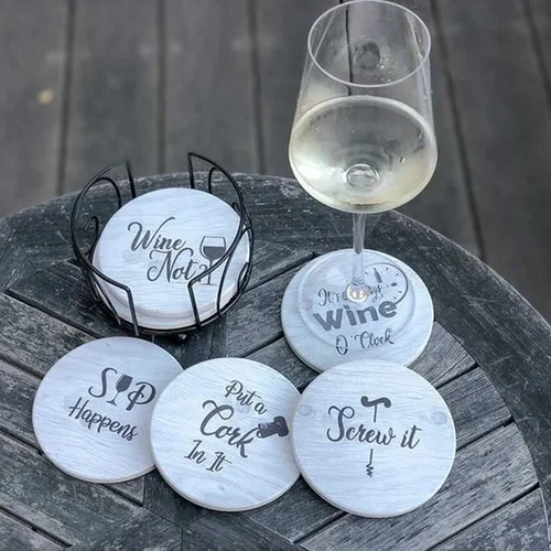 Vista 3 de Posavasos para bebidas absorbentes con soporte, juego de regalo de 6 piezas con 6 frases divertidas para amantes del vino, piedra de cerámica