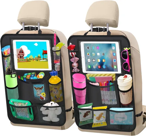 Vista 17 de Organizador de asiento trasero de automóvil, paquete de 2 organizadores de asiento trasero de automóvil con soporte para tableta de 11 pulgadas, 10