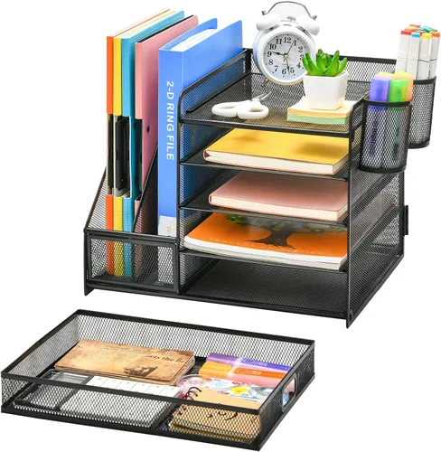 Vista 2 de Marbrasse - Organizador de escritorio con soporte para archivos, organizador de bandejas para papel tamaño carta de 5 niveles con cajón y 2 soportes