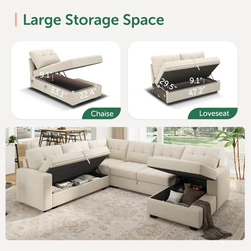Vista 3 de HONBAY Sofá Seccional Cama Extraíble, Sofá Seccional en Forma de U con Chaise de Almacenamiento, Sofá Cama para Sala de Estar, Beige