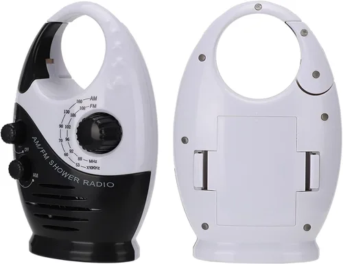 Vista 8 de Radio de ducha impermeable, radio AM/FM con altavoces de volumen ajustables, altavoces portátiles alimentados por batería con mango de gancho