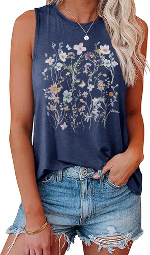 Vista 8 de Hount Camisetas sin mangas para mujer, estilo casual, holgadas, con gráficos, cómodas, para verano, básicas, camisetas tipo túnica 10-beige