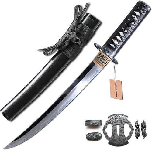 Vista 10 de MURASAME Espada Tanto Katana Corta de Arcilla Templada Acero T10 Hamon Real Muy Afilar Espiga Completa Hecha a Mano