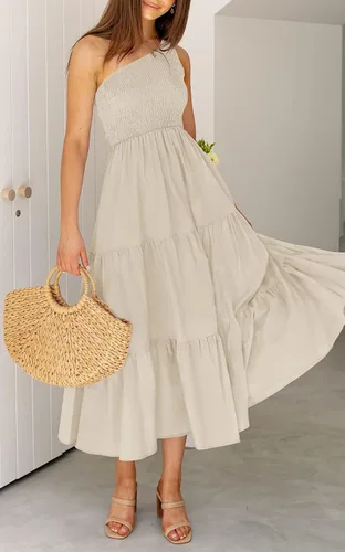 Vista 3 de ZCSIA - Vestido de verano bohemio para mujer, con un hombro descubierto, sin mangas, unicolor, largo debajo de la rodilla y con holanes escalonados