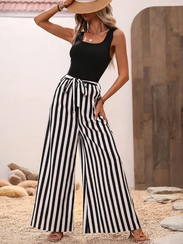 Vista 4 de WDIRARA Pantalones de punto acanalado de pierna ancha con cuello cuadrado a rayas para mujer