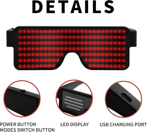 Vista 11 de Gafas LED dinámicas que brillan con luz LED recargable por USB, con luz intermitente de neón, 11 patrones, gafas luminosas