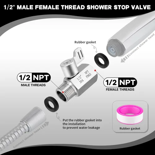 Vista 3 de Válvula de cierre del cabezal de ducha,304 Acero inoxidable 1/2 "Mini válvula de bola NPT Thread,Válvula de control de flujo de cabezal de ducha