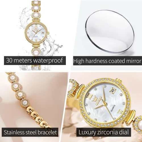Vista 6 de OLEVS Reloj de pulsera analógico de lujo con cara pequeña para mujer, delicado e impermeable con perlas y diamantes, reloj para mujer con fecha