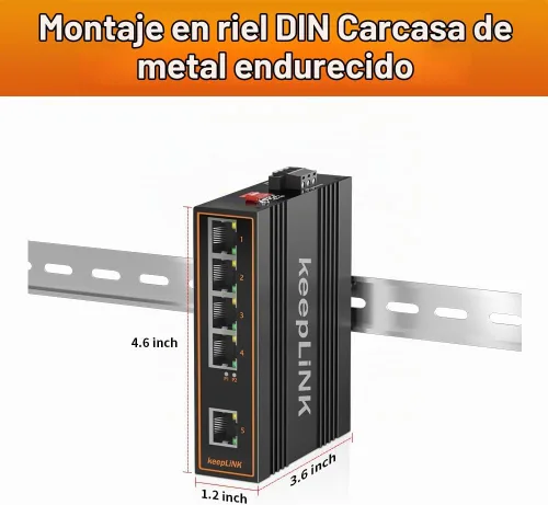 Vista 5 de Interruptor PoE industrial de 5 puertos no gestionado, interruptor de riel DIN Fast Ethernet de 125 W, IP40, rango de temperatura de funcionamiento