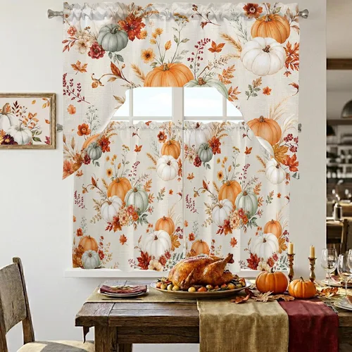 Vista 3 de Thanksgiving Fall Swag Kitchen Curtain Sets with Valance, Orange White Pumpkins 3 Pieces Curtain Drapes Rod Pocket for Bedroom Living Room Bathroom