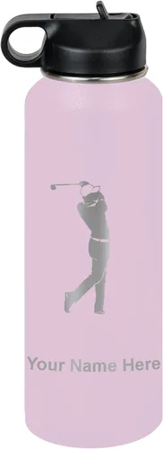Vista 74 de LaserGram Botella de agua personalizada, golfista de golf, acero inoxidable de doble pared aislada al vacío con popote superior, regalo grabado Negro