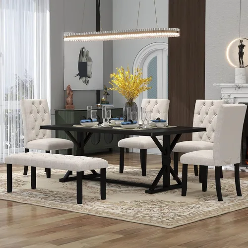 Vista 20 de Harper & Bright Designs 6-Piece Solid Wood Kitchen Dining Table Set, 60" Rectangular Table with 4 High-Back Tufted Upholstered Chairs & 1 Bench for