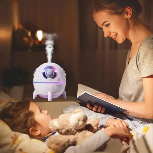 Vista 8 de Humidificador USB para dormitorio, mini humidificador de niebla fría con diseño de nave espacial para escritorio de oficina y automóvil