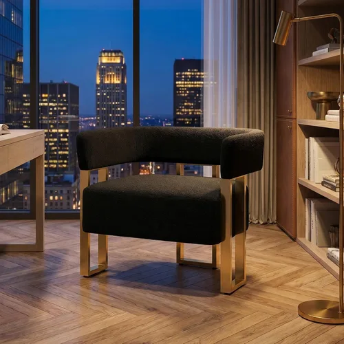 Vista 9 de Silla de acento moderna de mediados de siglo, sillón de barril, Black Boucle, pata dorada