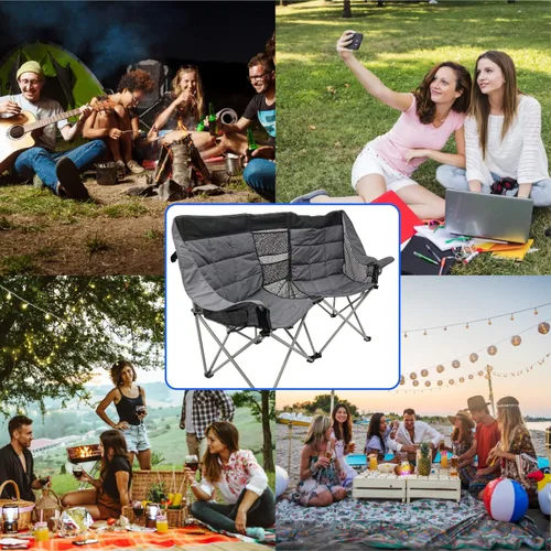 Vista 3 de EasyGo Product Silla de camping – Asiento doble resistente de gran tamaño – Se pliega fácilmente y está acolchado, negro y gris