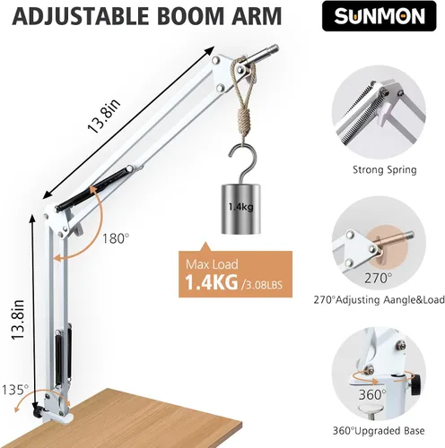 Vista 3 de SUNMON Brazo de Boom Blanco para Fifine AM8 - Brazo de Micrófono Compatible con Micrófono Fifine, Clip Adaptador de Tornillo de 3/8" a 5/8