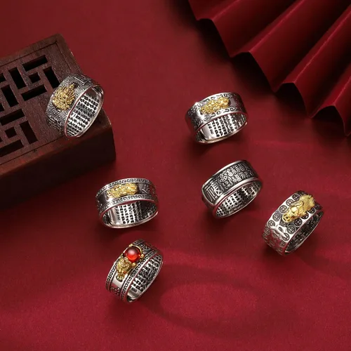 Vista 2 de EIELO Anillos budistas Pixiu de Feng Shui MANI Lucky Wealth Amuleto Mantra Doble Protección Riqueza Anillo para Hombres Mujeres Ajustable Granate