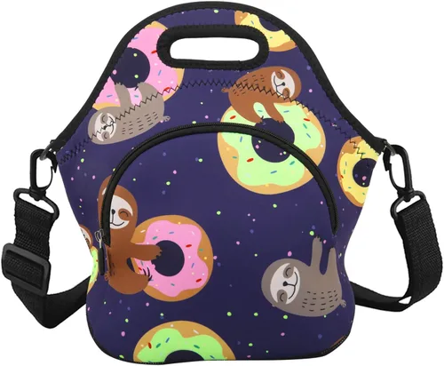 Vista 14 de Violet Mist Lonchera de neopreno reutilizable aislada con correa de hombro ajustable y bolsillo para mujeres, hombres y adultos, lindas bolsas