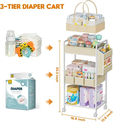 Vista 2 de JBBTOOL Organizador de pañales 2 en 1 y carrito de pañales rodante de 3 niveles, organizador de pañales con divisores y bolsillos, carrito móvil