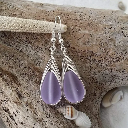 Vista 72 de Yinahawaii Handmade Sea Glass Earrings, Hawaiian Jewelry, Wire Braided Earrings Teardrop Earrings, Beach Jewelry Sea Glass Jewelry For Women Cobalt