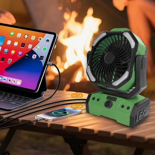 Vista 4 de ELZO Ventilador de campamento de 30000 mAh con luz LED, máximo 70 horas de trabajo, portátil inalámbrico, recargable, ventilador USB con gancho