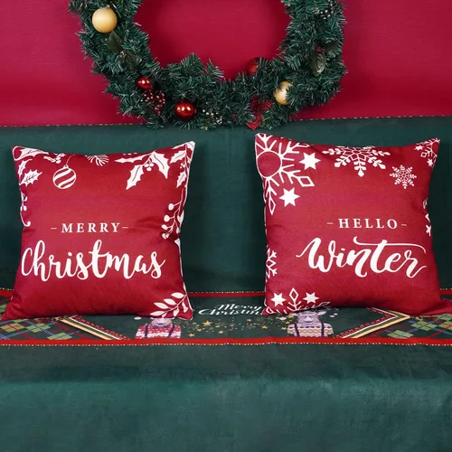 Vista 2 de ONWAY Juego de 2 fundas de almohada de Navidad de 18 x 18 pulgadas, decoraciones rojas de Feliz Navidad, copos de nieve de invierno para exteriores