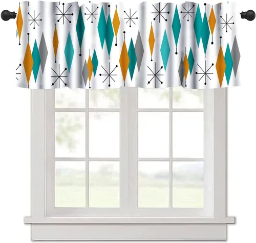 Vista 28 de Cenefa de cortina geométrica para ventanas, cenefa moderna con bolsillo para barra, 1 panel, cortinas cortas abstractas para playa, cortinas cortas