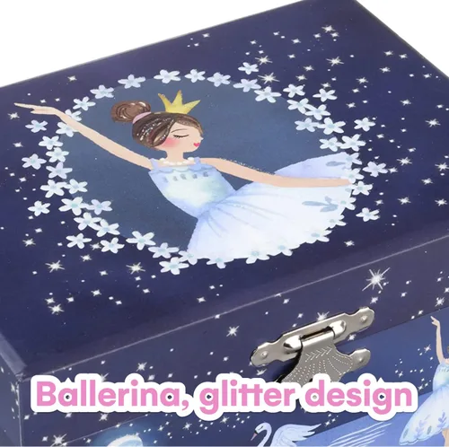Vista 5 de Jewelkeeper Caja de almacenamiento de joyería musical para niña con bailarina giratoria, diseño de purpurina, tono de lago de cisne