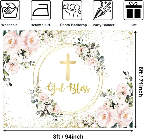 Vista 2 de Avezano Telón de fondo rosa con texto en inglés "God Bles