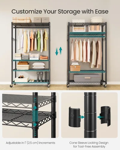 Vista 4 de SONGMICS ULGR418BH01 - Perchero de ropa con ruedas rodantes, con estantes de malla ajustables y rieles para colgar, ganchos, 15.8 x 35.4 x 78.3