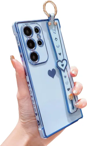 Vista 8 de DEFBSC Funda compatible con Samsung Galaxy S22 Ultra, con borde galvanizado con correa para la muñeca, protección completa de la cámara, esquinas