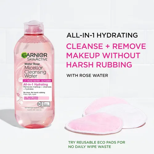 Vista 3 de Garnier Agua micelar con agua de rosas y glicerina, limpiador facial hidratante y desmaquillante, para todo tipo de piel, vegano, libre de crueldad