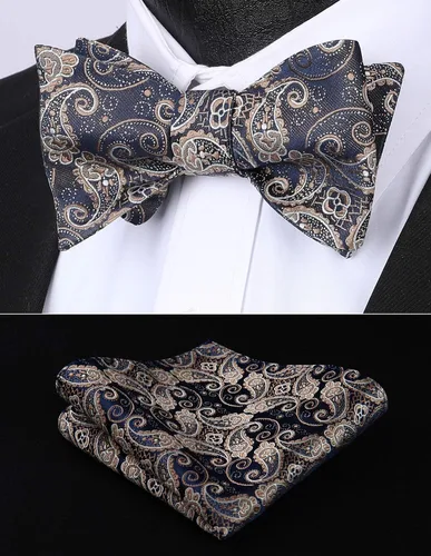 Vista 79 de HISDERN Pajaritas para hombre, corbatín de cachemira para hombre, corbata de lazo y bolsillo cuadrado, juego formal de esmoquin para boda