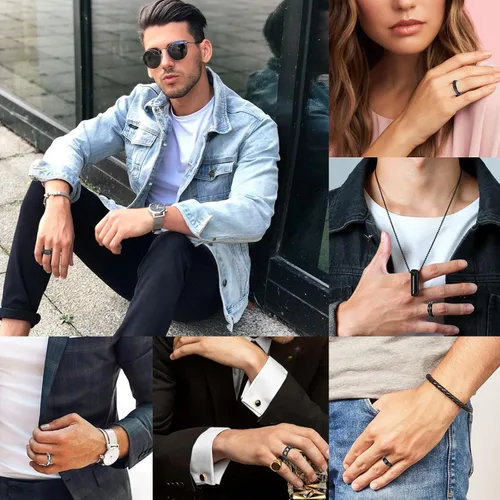Vista 5 de LOWNOUR Anillos para hombres y mujeres, 6 unidades, anillos de acero inoxidable negro para hombre, anillo para ansiedad, alivio de la ansiedad