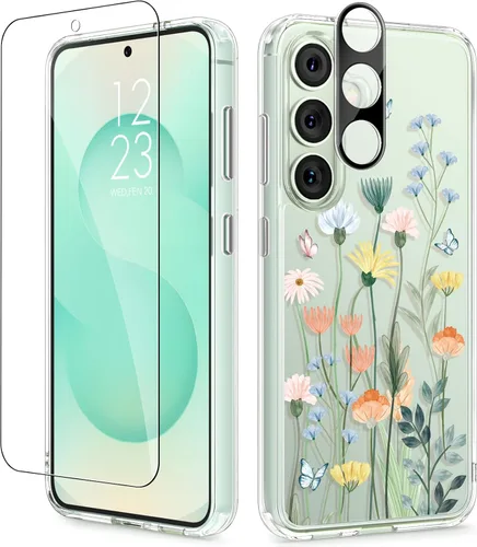 Vista 45 de GVIEWIN Funda protectora para Samsung Galaxy S25, transparente floral, delgada, a prueba de golpes, para mujer, no se pone amarilla, con protector