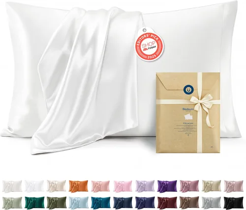 Vista 29 de Bedsure Paquete de 2 fundas de almohada de satén similares a las fundas de almohada de seda tamaño estándar, funda de almohada para mujeres que