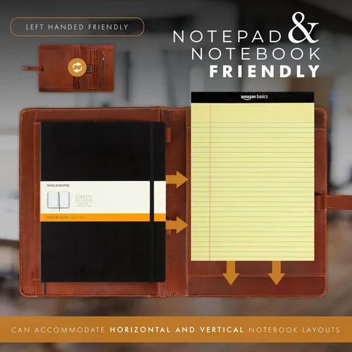 Vista 5 de Carpeta de piel ELIZO, portafolio de cuero para hombres y mujeres, organizador profesional de cartera de negocios, cartera de cuero con correa