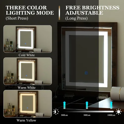 Vista 4 de Tocador Pequeño, Tocador Compacto para Niñas con Taburete y Toma de Corriente, Escritorio de Maquillaje con Espejo y Luz LED, Mesa de Tocador