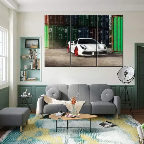 Vista 86 de Arte de pared de auto deportivo rojo para sala de estar, arte de pared de lienzo de súper auto genial, imágenes pósters, 3 piezas, arte moderno