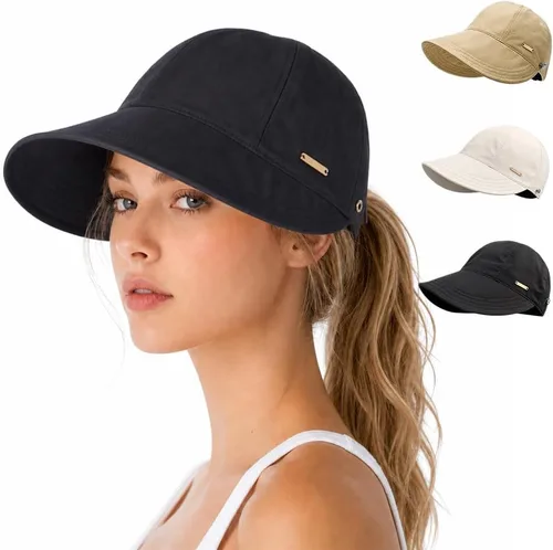Vista 8 de Sombrero de visera ancha para mujer, protección UV, ajustable, plegable, gorra de béisbol para senderismo, pesca, golf, playa Caqui
