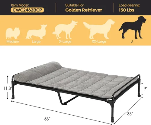 Vista 6 de Veehoo Cama elevada para perros + cojín acolchado extraíble, cama refrescante para perros interiores y exteriores con barandilla para perros