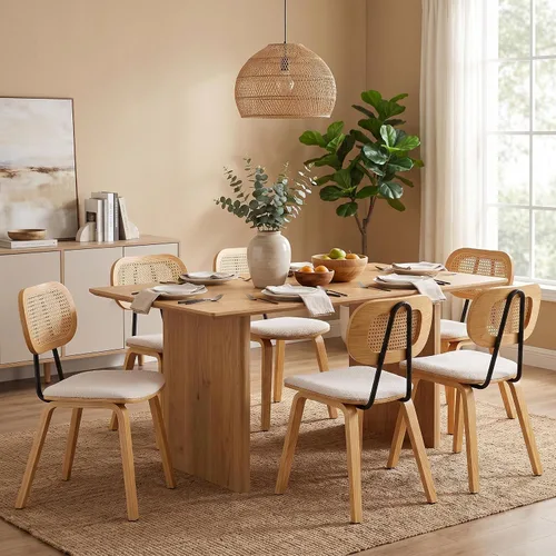 Vista 17 de Juego de 2 sillas de comedor de ratán, asiento de piel sintética Beige/Negro