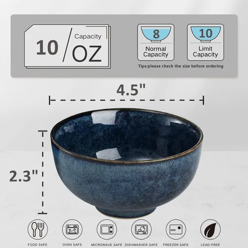 Vista 2 de ZOOFOX Juego de 8 cuencos pequeños, cuencos de cerámica de 10 onzas para guarniciones, cuencos esmaltados reactivos para arroz, cereales, helado