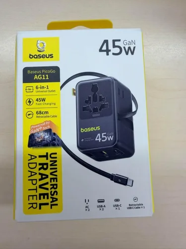 Vista 8 de Baseus Adaptador de enchufe de viaje europeo de 45W, adaptador de corriente universal 6 en 1 con cable retráctil USB-C, carga rápida PD GaN